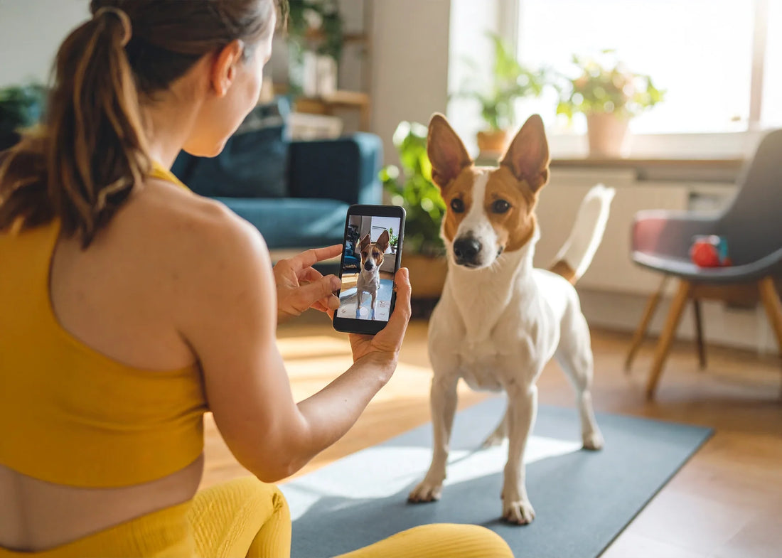 Hondeneigenaar die via een trainingsapp op smartphone haar hond positieve commando’s aanleert in een ontspannen thuissituatie.