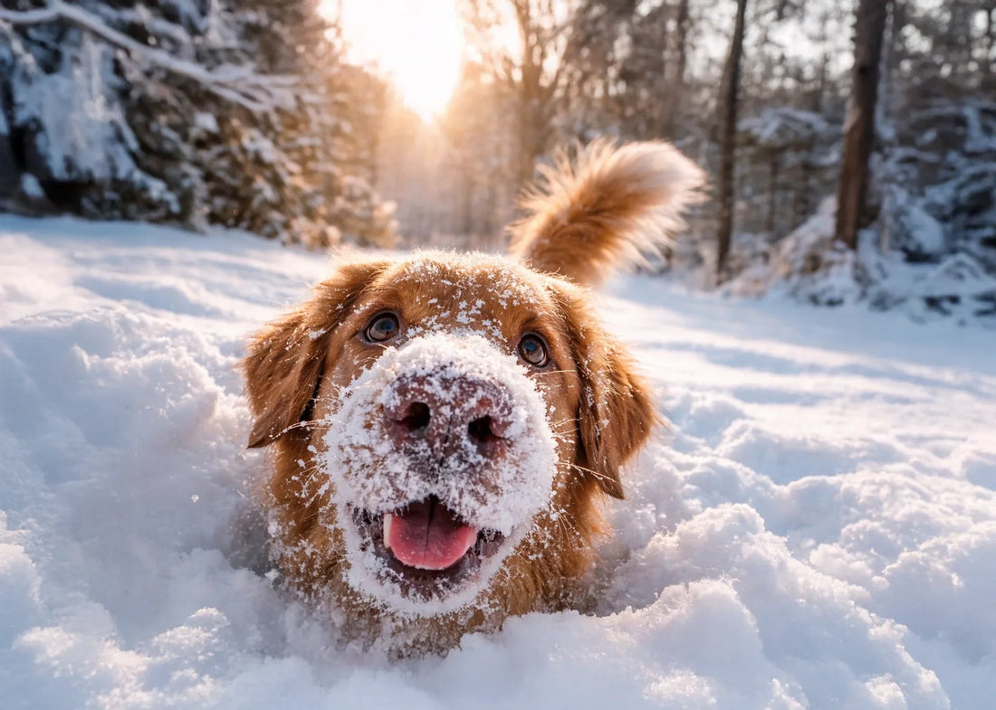 Winterse hond met sneeuw op snuit; hond in kou, sneeuwwandeling, wintertips honden, winterrisico’s, sneeuwpret voor honden