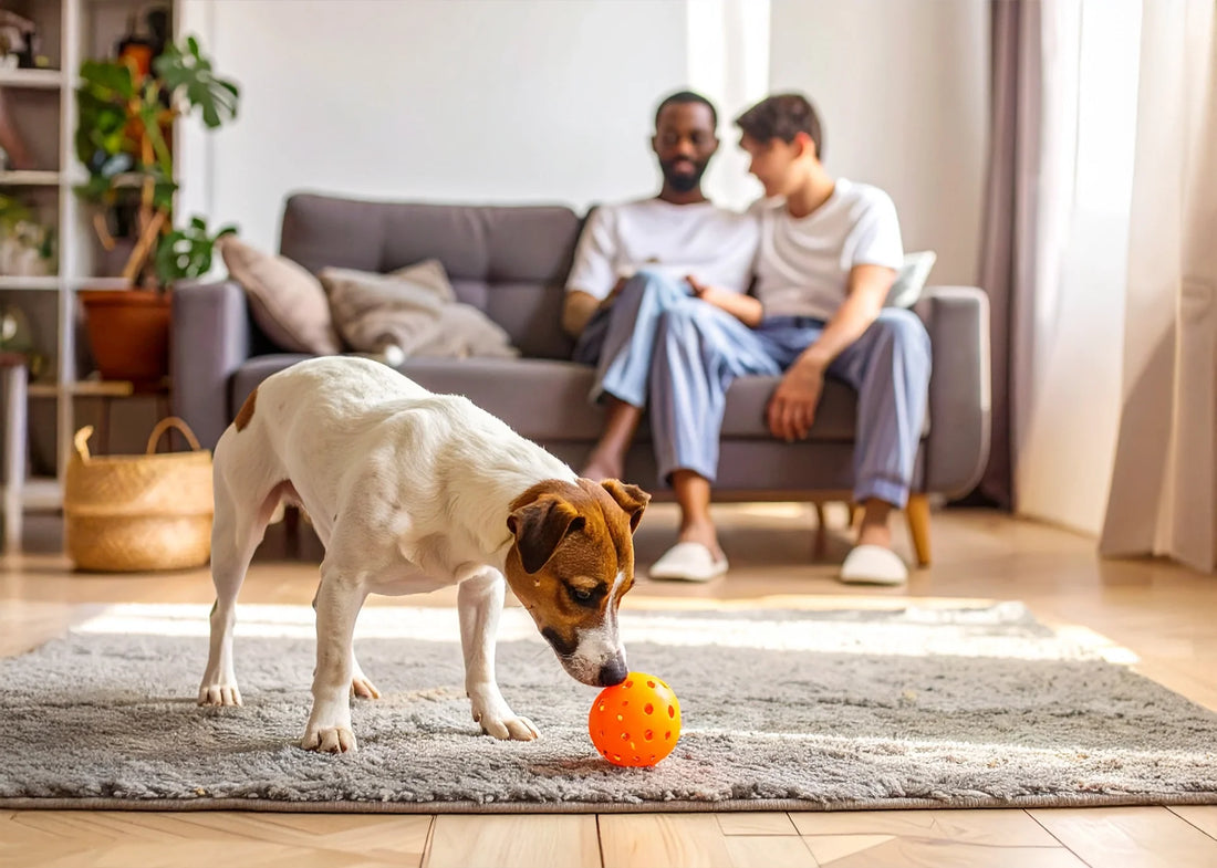 Hond die geconcentreerd snuffelt aan een interactieve puzzelmat, met tevreden houding en rustig thuisinterieur op de achtergrond.