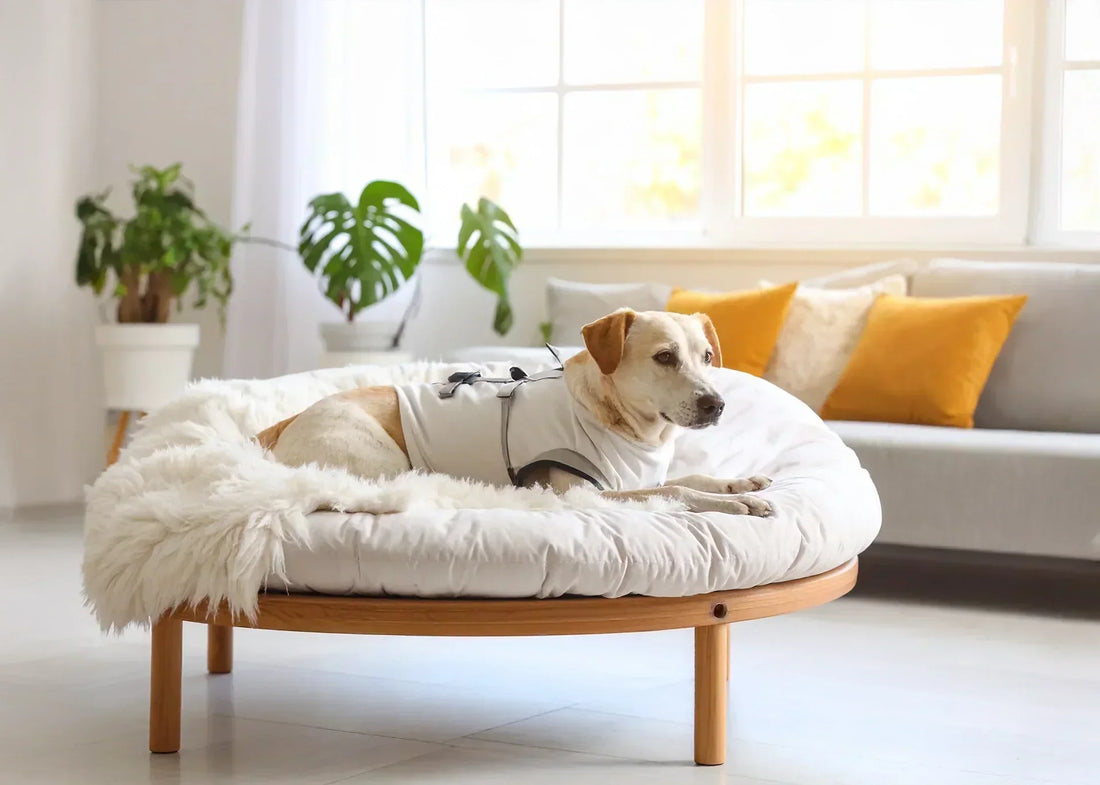 Hond in herstelonesie rust op een orthopedisch hondenbed, ontspannen in warme huiskameromgeving