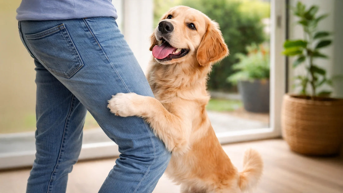 Golden retriever toont humping-gedrag tegen been binnenshuis, opvoedingstip voor hondengedrag en training – Hondenhoek