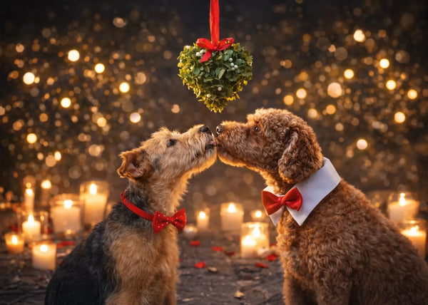 Romantiek tussen honden, maretak met twee hondjes kussend bij kaarslicht Hondenhoek WOEF Boetiek