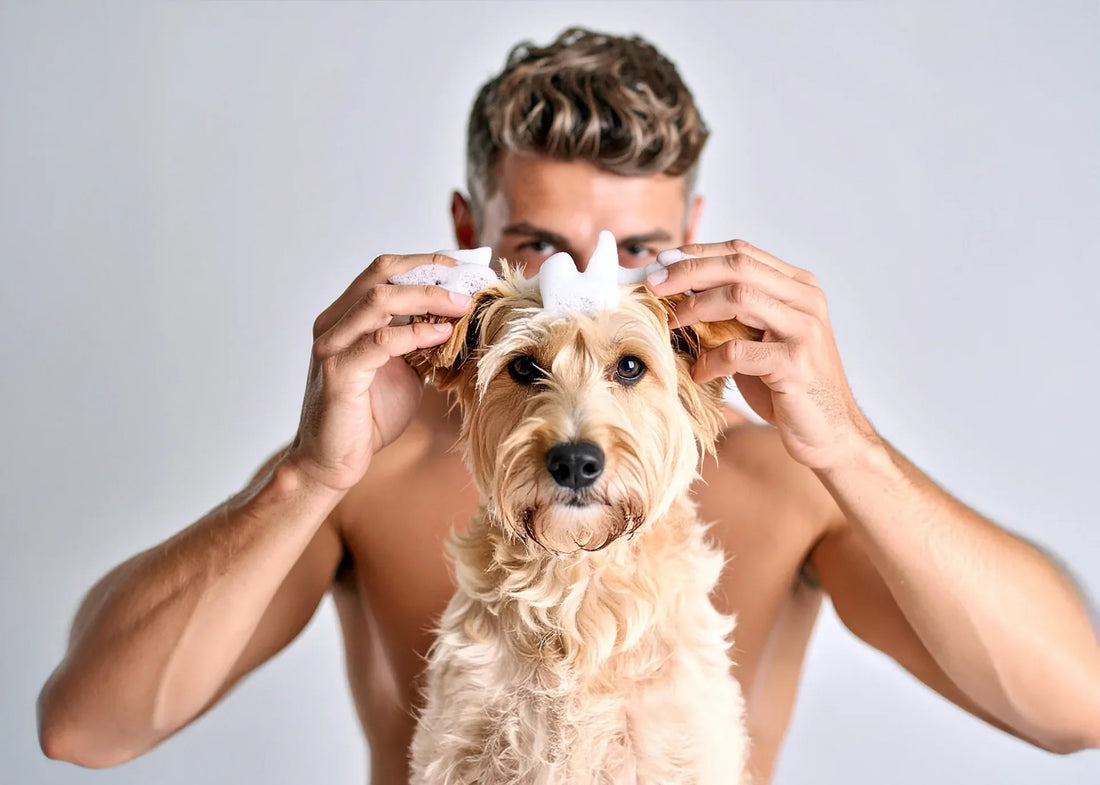 Hond wordt gewassen met milde shampoo van Hondenhoek in een lichte badkameromgeving