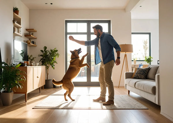 Springende hond die speels in de arm van zijn baasje hapt tijdens wandeling, training tips tegen bijtgedrag en opvoedingstechnieken voor honden bij Hondenhoek