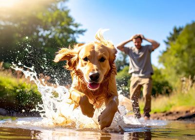 Golden Retriever springt in modderige plas, eigenaar kijkt hopeloos toe, speels maar vies moment