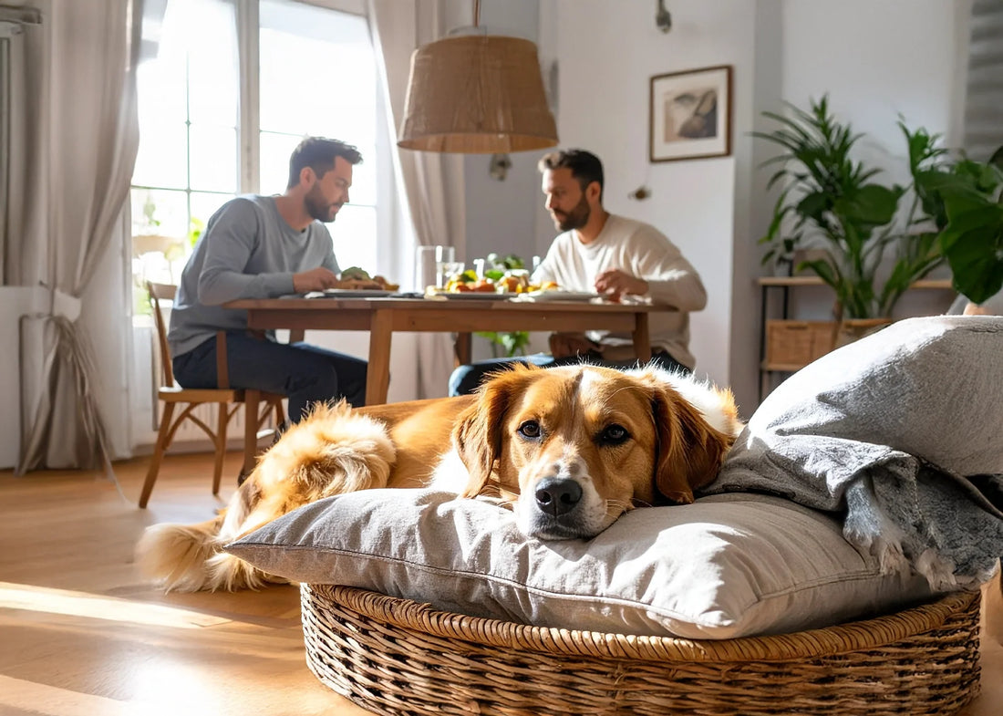 Hond kijkt smekend naar eigenaar aan tafel, rustig leren liggen, positief en vriendelijk, binnenomgeving