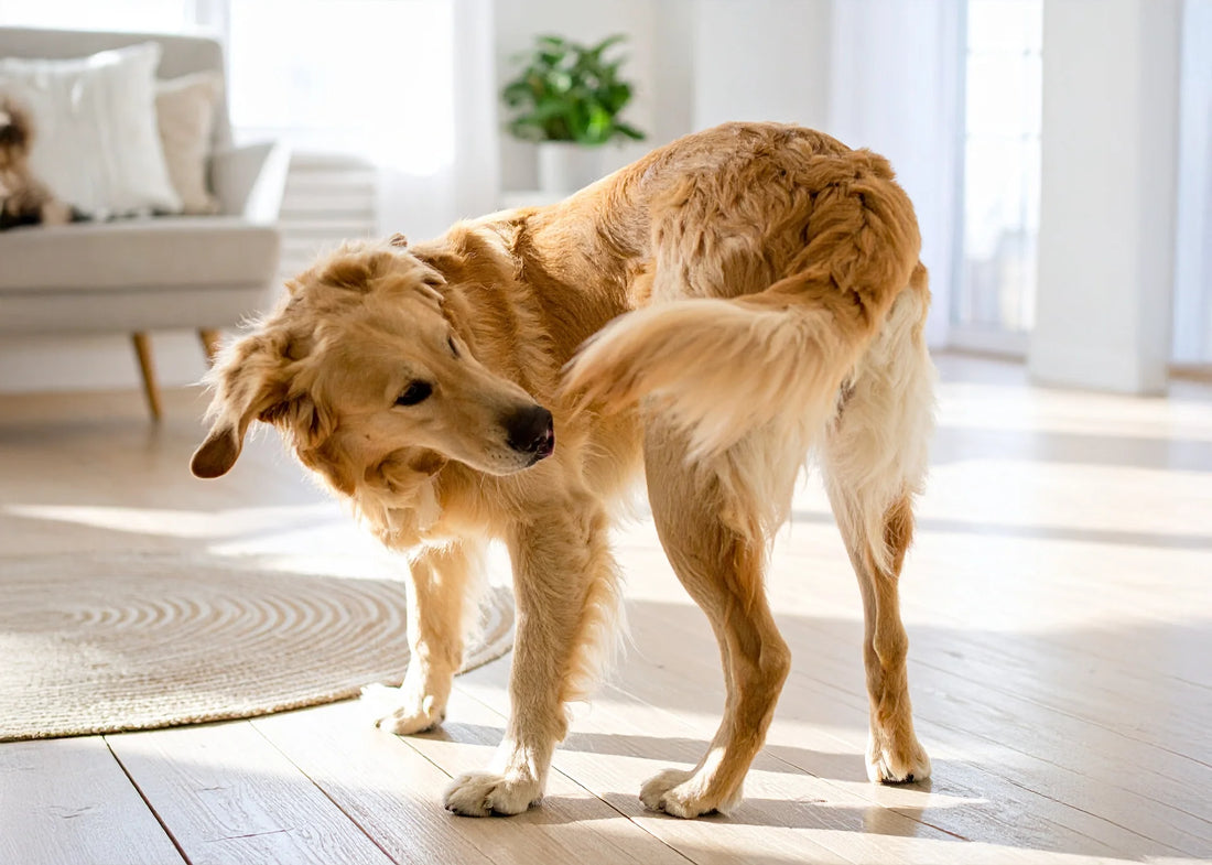 Hond die speels zijn eigen staart probeert te vangen in de woonkamer