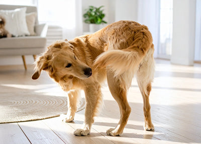 Hond die speels zijn eigen staart probeert te vangen in de woonkamer