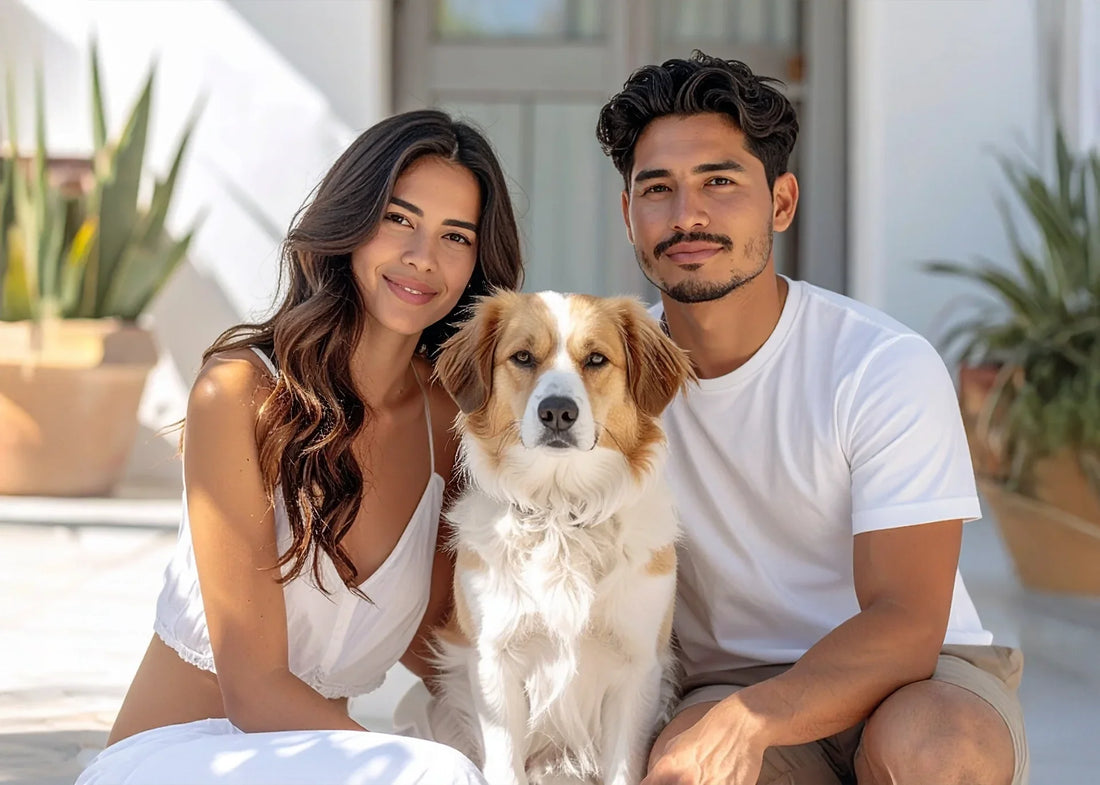 Hond zit tussen man en vrouw, man en vrouw kijken naar elkaar, hond kijkt naar de camera