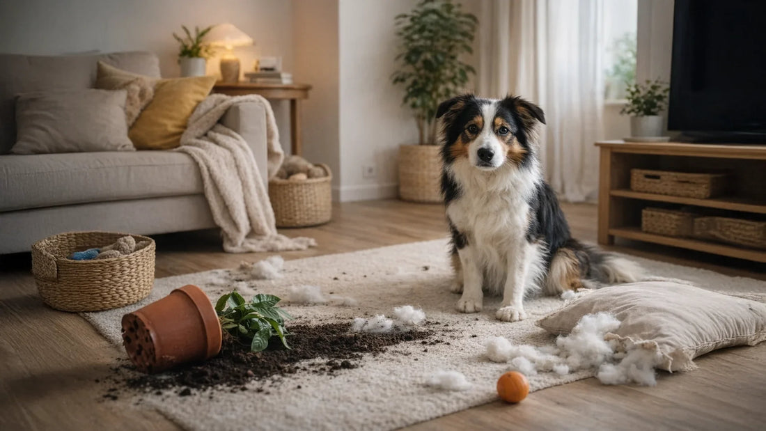 Border Collie kijkt schuldig naast rommel in woonkamer; alleen thuis laten hond, sloopgedrag, verlatingsstress Hondenhoek Tips