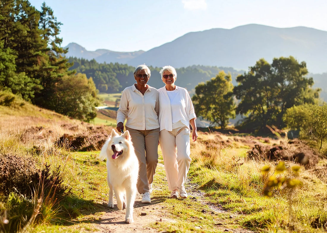 Ouder persoon wandelend met hond in de natuur, ontspannen glimlachend, hand op riem – verbonden in beweging en welzijn.