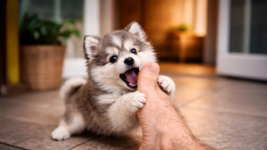 Speelse Pomsky puppy die in voet hapt, voorbeeld van hondengedrag en bijttraining advies van Hondenhoek.