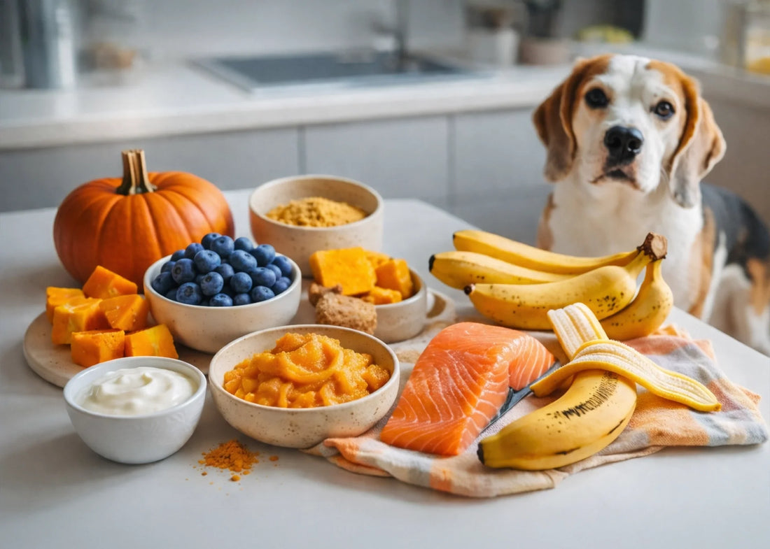 Superfoods voor honden op aanrecht met pompoen, blauwe bessen, zalm en yoghurt, met nieuwsgierige beagle; gezonde voeding hond