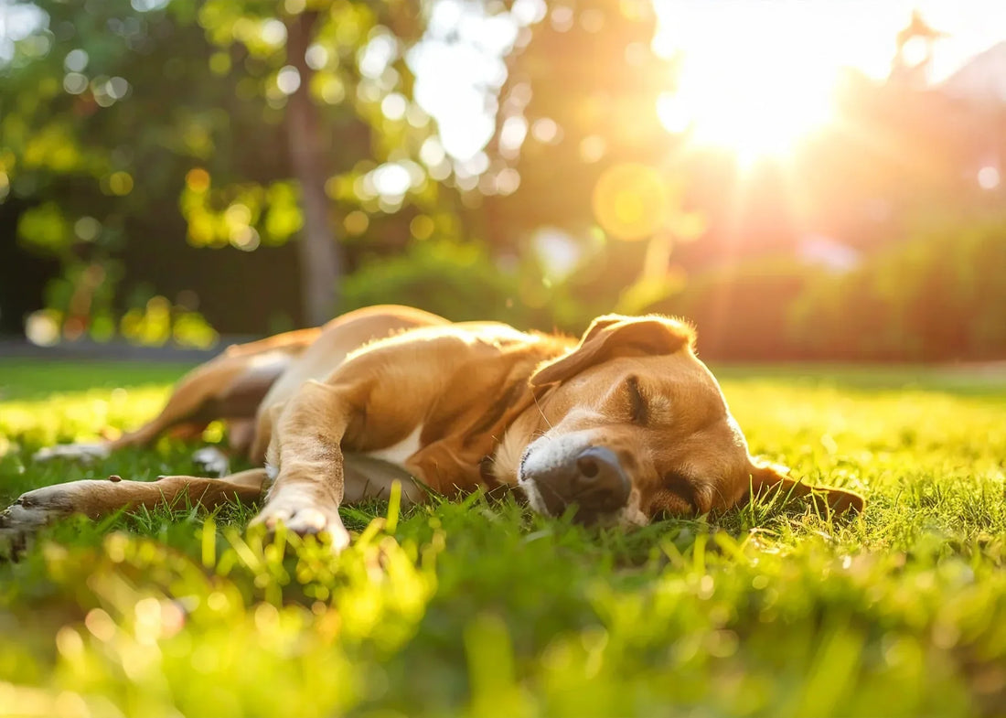Hond ligt ontspannen op een koelmat van Hondenhoek in de schaduw tijdens een zomerse dag