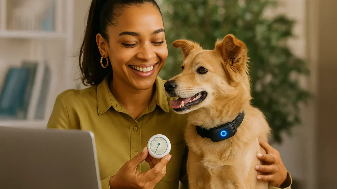 Vrouw met haar hond, omringd door gadgets zoals een GPS-tracker en een smartphone met hondenverzorgingsapp