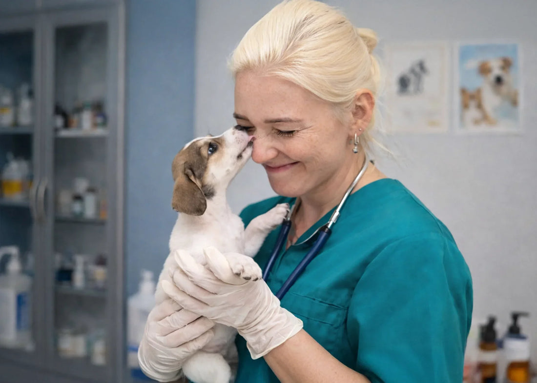 Dame mevrouw de dierenarts in haar praktijk met de hond puppy