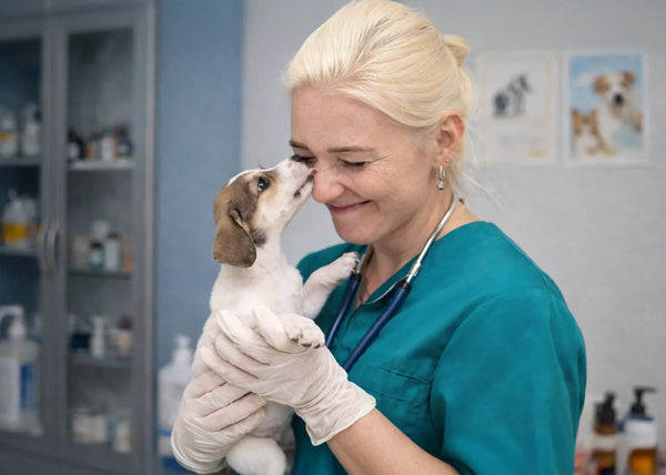Dame mevrouw de dierenarts in haar praktijk met de hond puppy