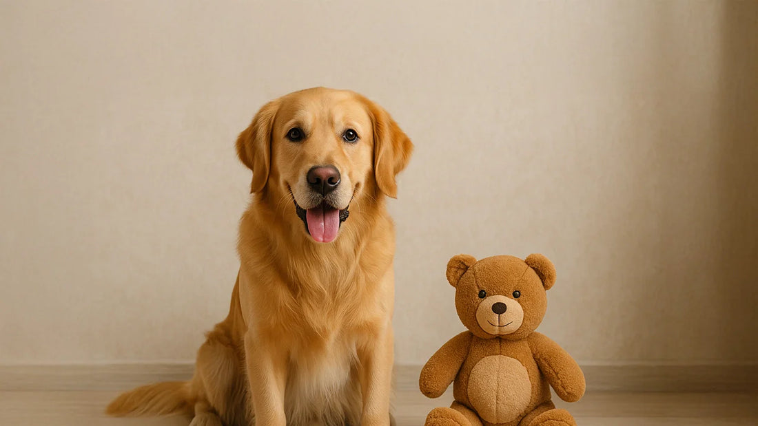 Golden Retriever met pluche speelgoed van Hondenhoek.com – perfect speelgoed voor rustige honden