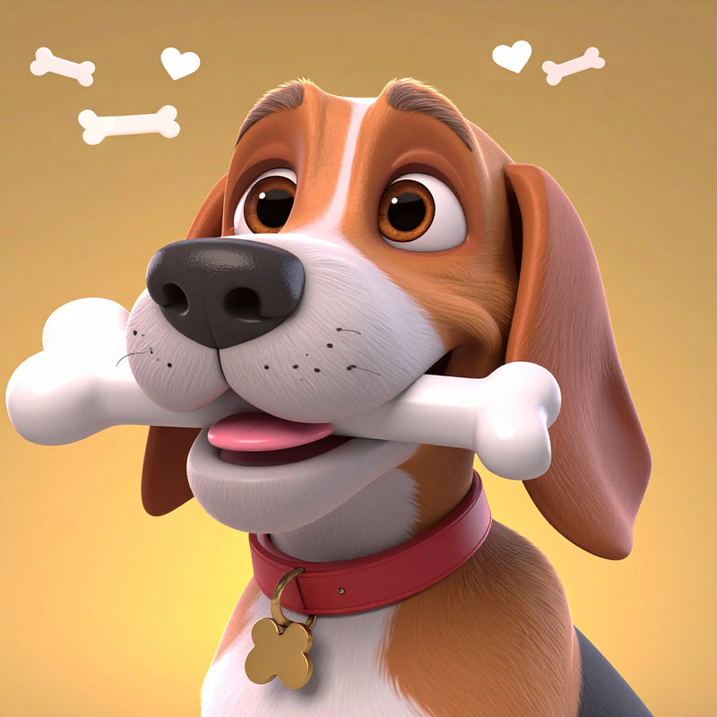 Illustratie van Boris, de mascotte van Hondenhoek: een volwassen 3D-hond met lichtbruine vacht, grijzende snuit en vriendelijke ogen. Hij draagt een rode halsband met gouden penning en houdt een groot bot in zijn bek. Achtergrond met zachte gele tint en speelse hartjes en botjes.